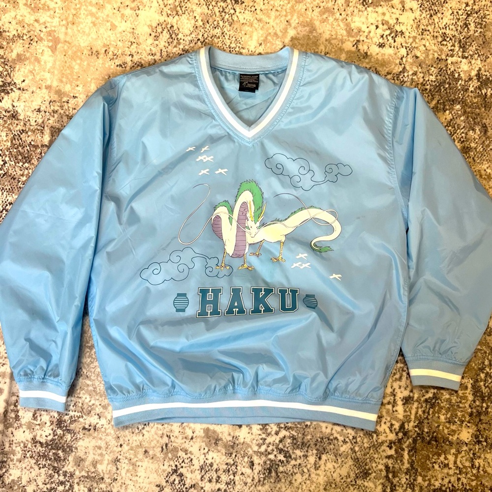 Haku Spirited Away Box Lunch Graphic V-Neck Windbreaker Light Blue. EUC Unisex